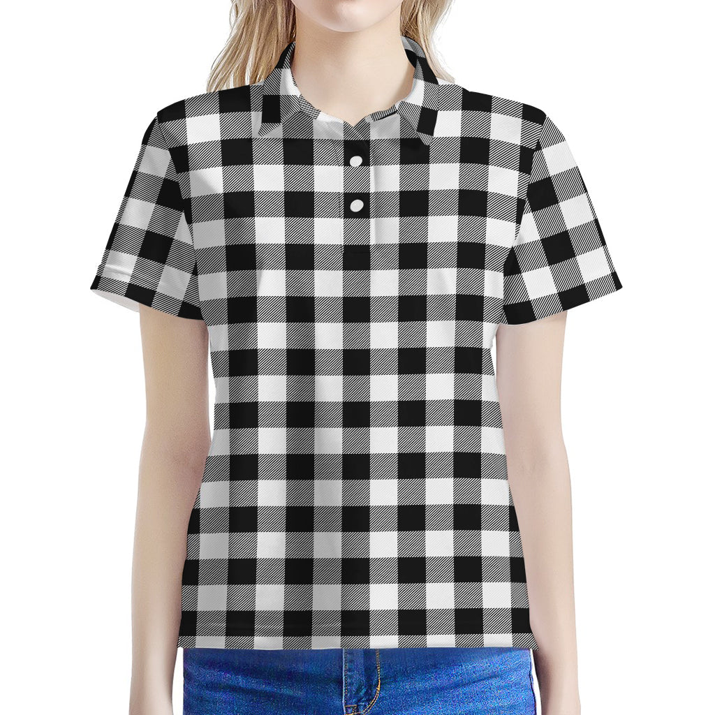Black And White Buffalo Plaid Print Women's Polo Shirt