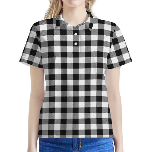Black And White Buffalo Plaid Print Women's Polo Shirt