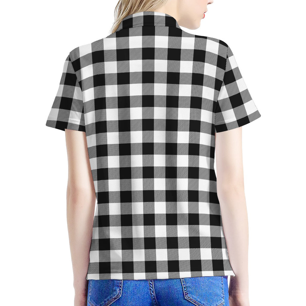 Black And White Buffalo Plaid Print Women's Polo Shirt