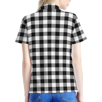 Black And White Buffalo Plaid Print Women's Polo Shirt