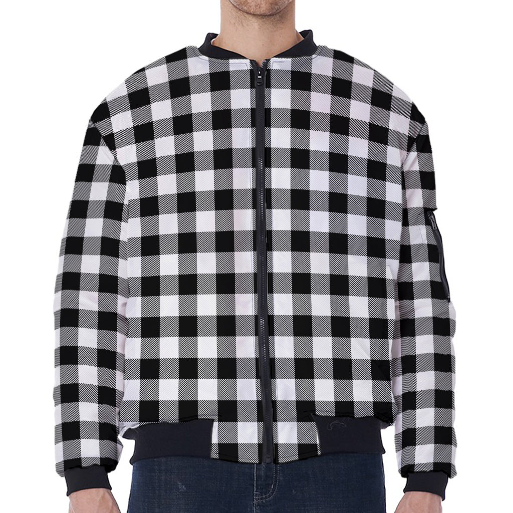 Black And White Buffalo Plaid Print Zip Sleeve Bomber Jacket