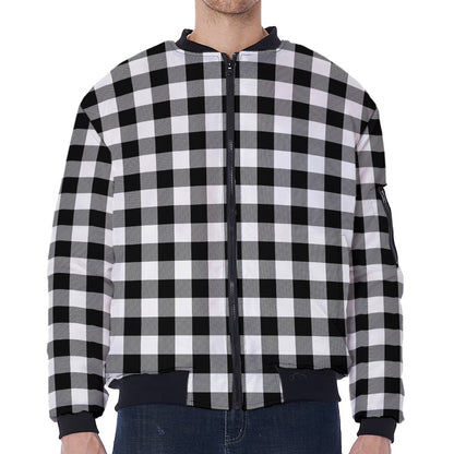 Black And White Buffalo Plaid Print Zip Sleeve Bomber Jacket