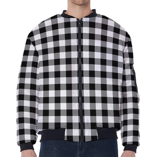 Black And White Buffalo Plaid Print Zip Sleeve Bomber Jacket