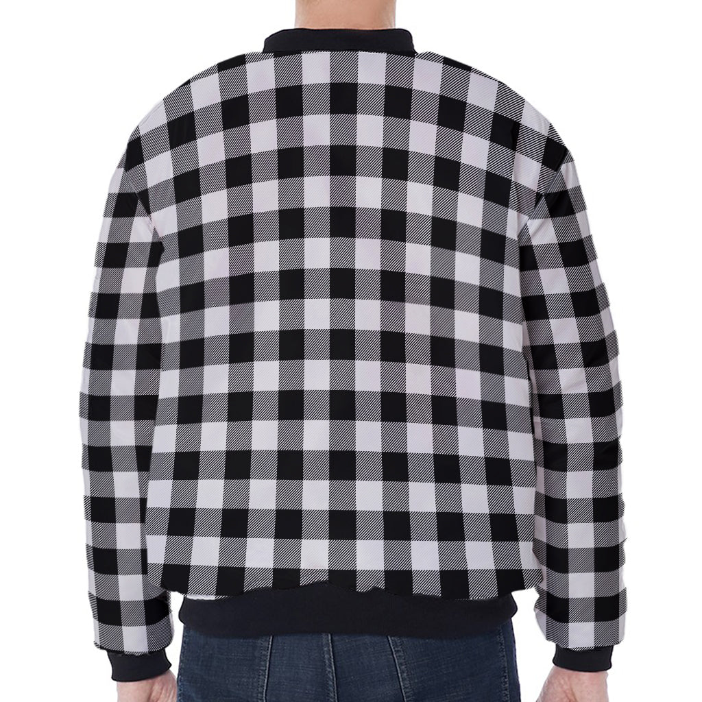 Black And White Buffalo Plaid Print Zip Sleeve Bomber Jacket