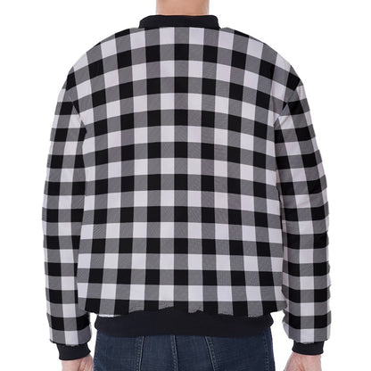 Black And White Buffalo Plaid Print Zip Sleeve Bomber Jacket