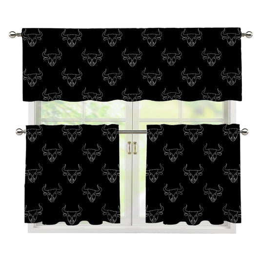 Black And White Bull Pattern Print 3 Piece Kitchen Curtains