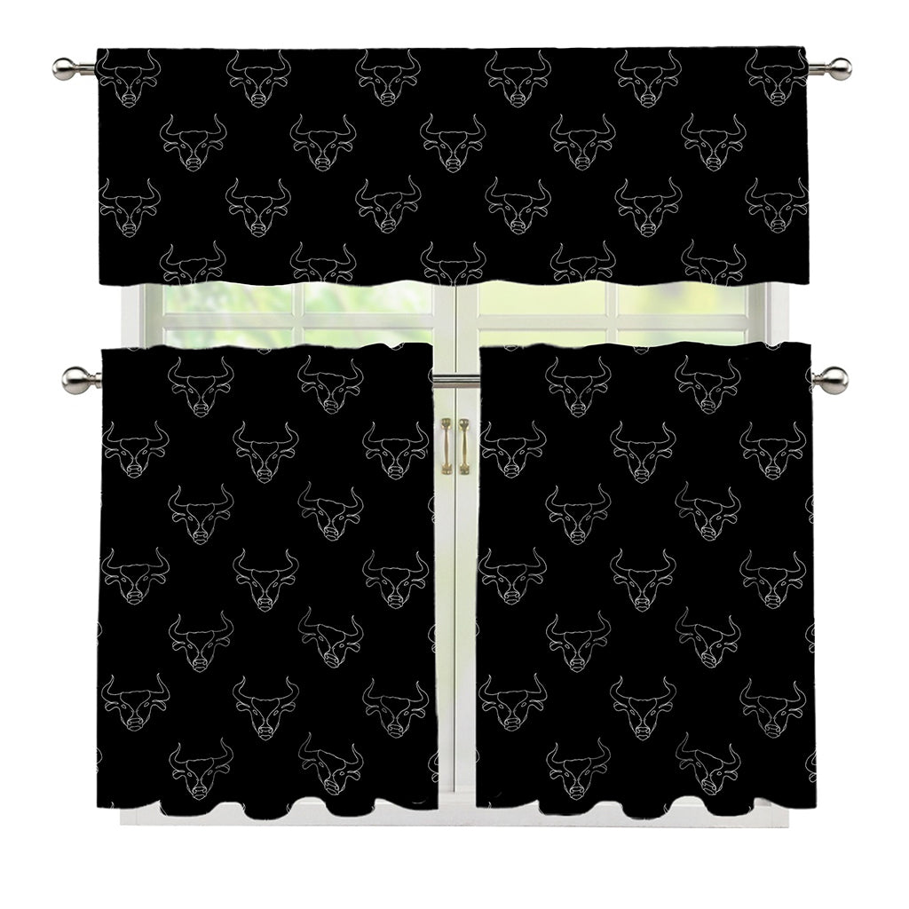 Black And White Bull Pattern Print 3 Piece Kitchen Curtains