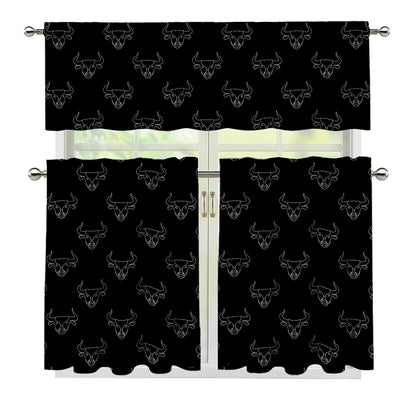 Black And White Bull Pattern Print 3 Piece Kitchen Curtains