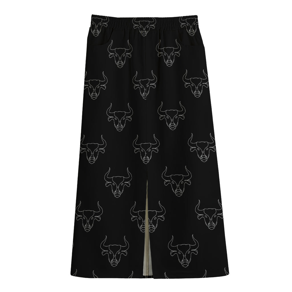 Black And White Bull Pattern Print Cotton Front Slit Maxi Skirt