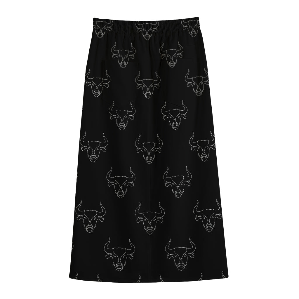 Black And White Bull Pattern Print Cotton Front Slit Maxi Skirt