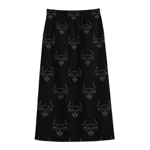 Black And White Bull Pattern Print Cotton Front Slit Maxi Skirt