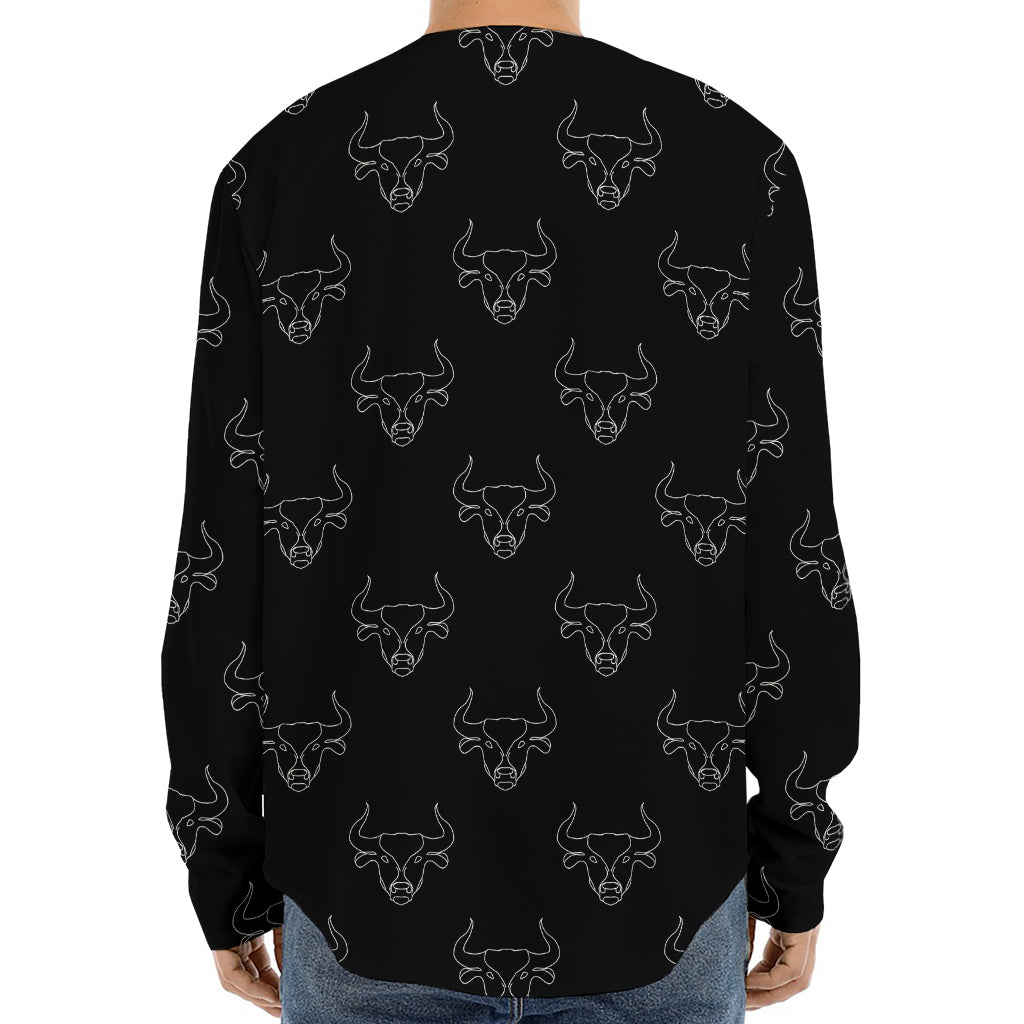 Black And White Bull Pattern Print Long Sleeve Baseball Jersey