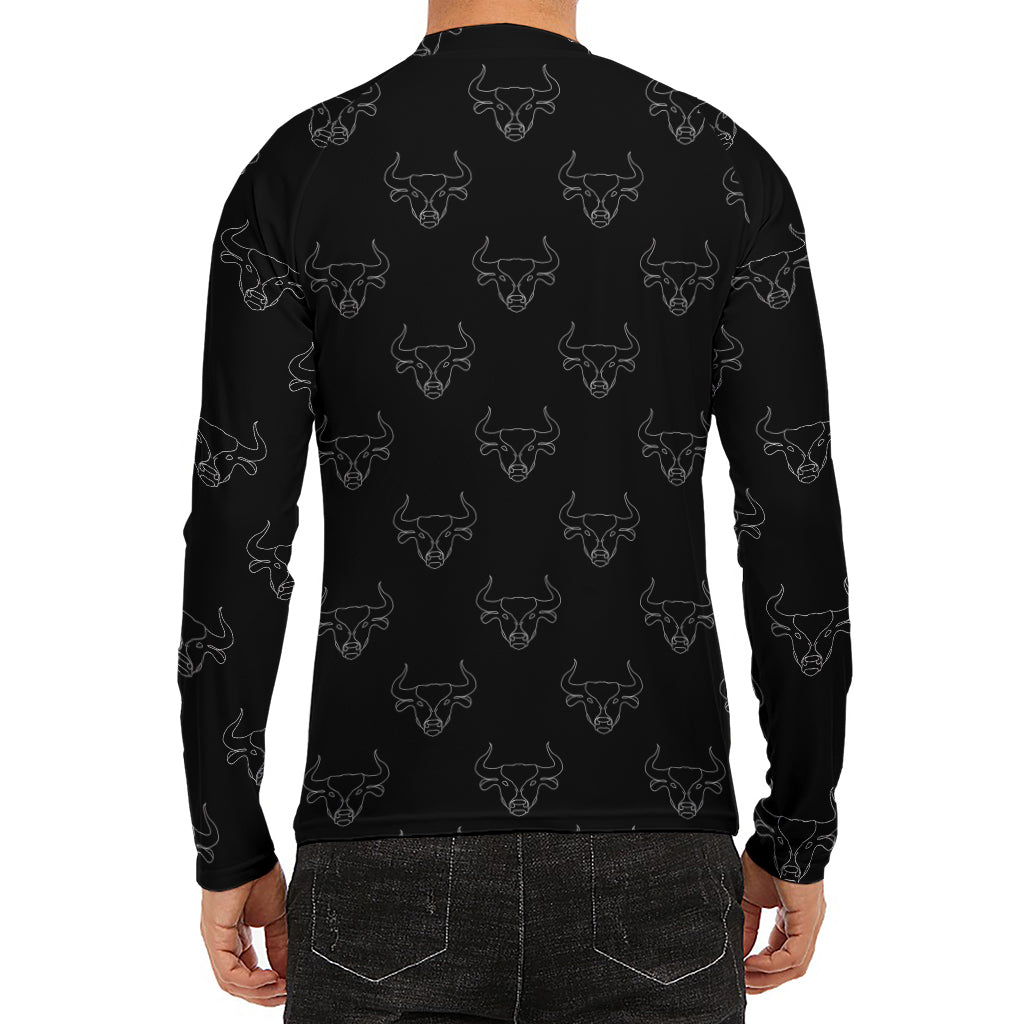 Black And White Bull Pattern Print Men's Long Sleeve Rash Guard