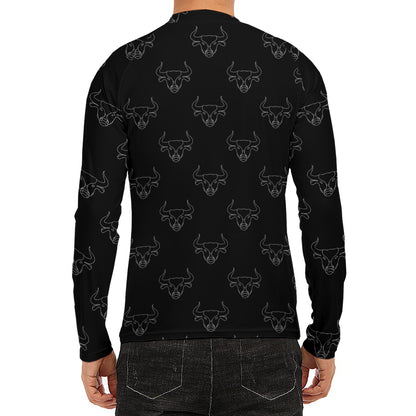 Black And White Bull Pattern Print Men's Long Sleeve Rash Guard