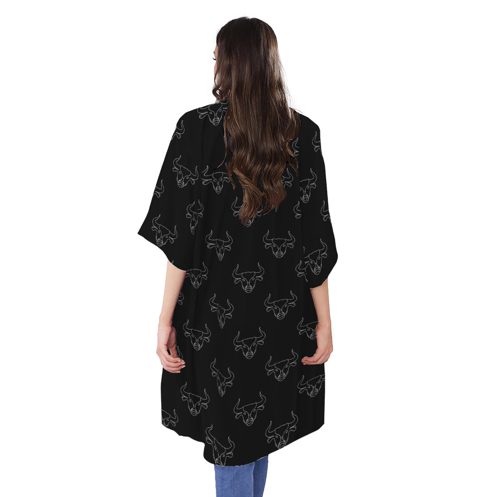 Black And White Bull Pattern Print Open Front Beach Cover Up