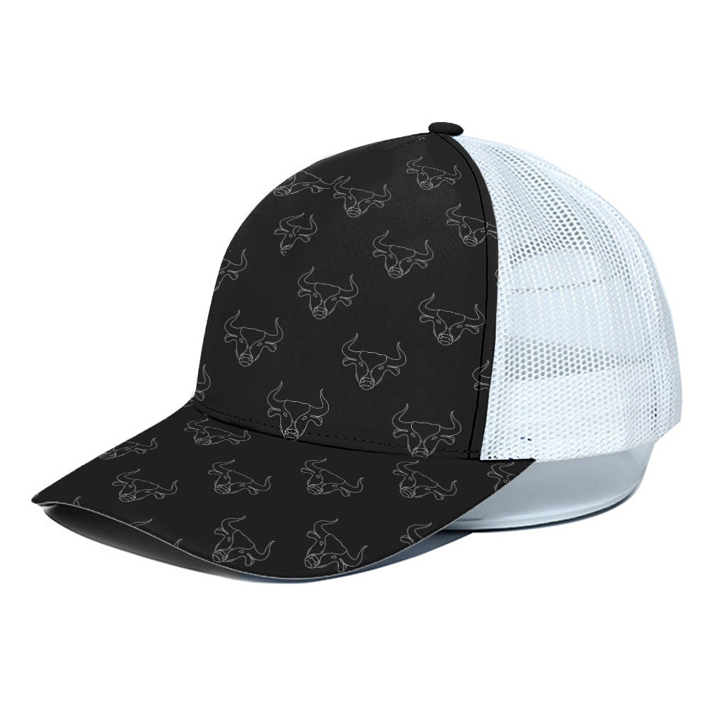 Black And White Bull Pattern Print White Mesh Trucker Cap