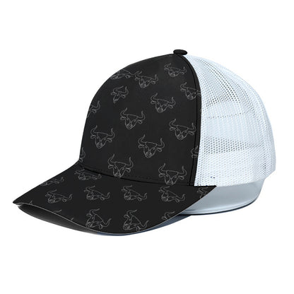 Black And White Bull Pattern Print White Mesh Trucker Cap