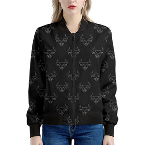 Black And White Bull Pattern Print Women's Bomber Jacket