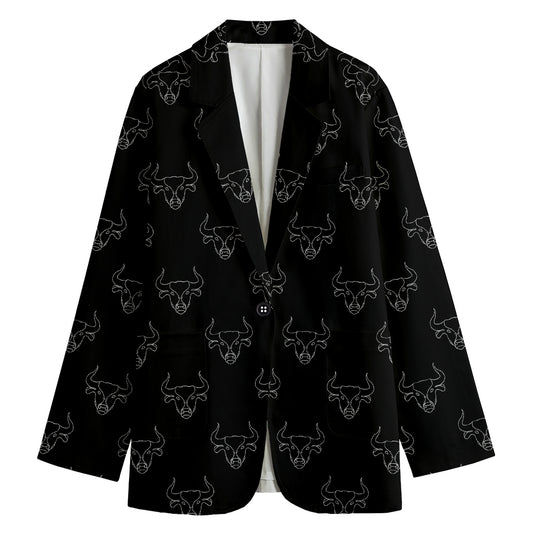 Black And White Bull Pattern Print Women's Cotton Blazer