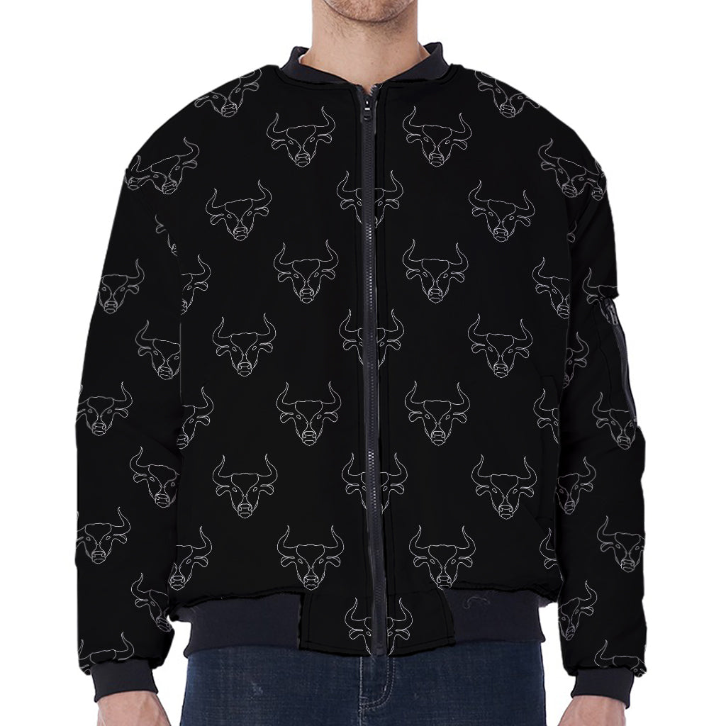 Black And White Bull Pattern Print Zip Sleeve Bomber Jacket