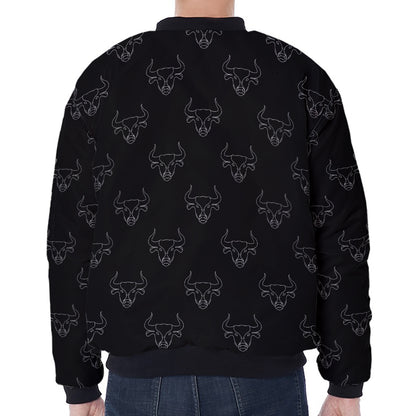 Black And White Bull Pattern Print Zip Sleeve Bomber Jacket