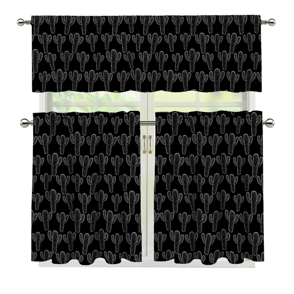 Black And White Cactus Pattern Print 3 Piece Kitchen Curtains