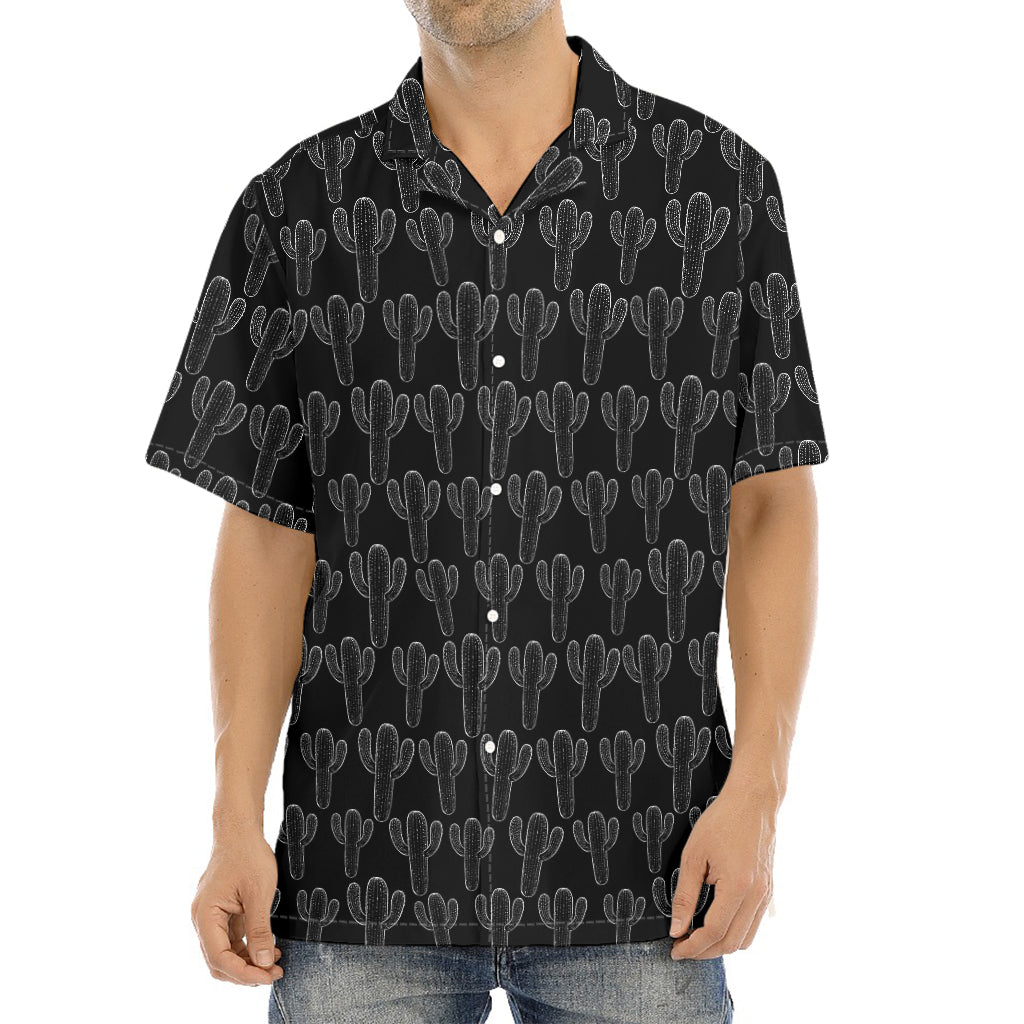 Black And White Cactus Pattern Print Aloha Shirt