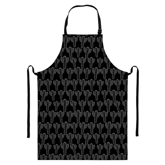 Black And White Cactus Pattern Print Bib Apron With Pocket