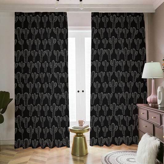 Black And White Cactus Pattern Print Blackout Pencil Pleat Curtains