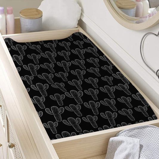 Black And White Cactus Pattern Print Changing Pad Cover