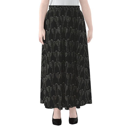 Black And White Cactus Pattern Print Chiffon Maxi Skirt