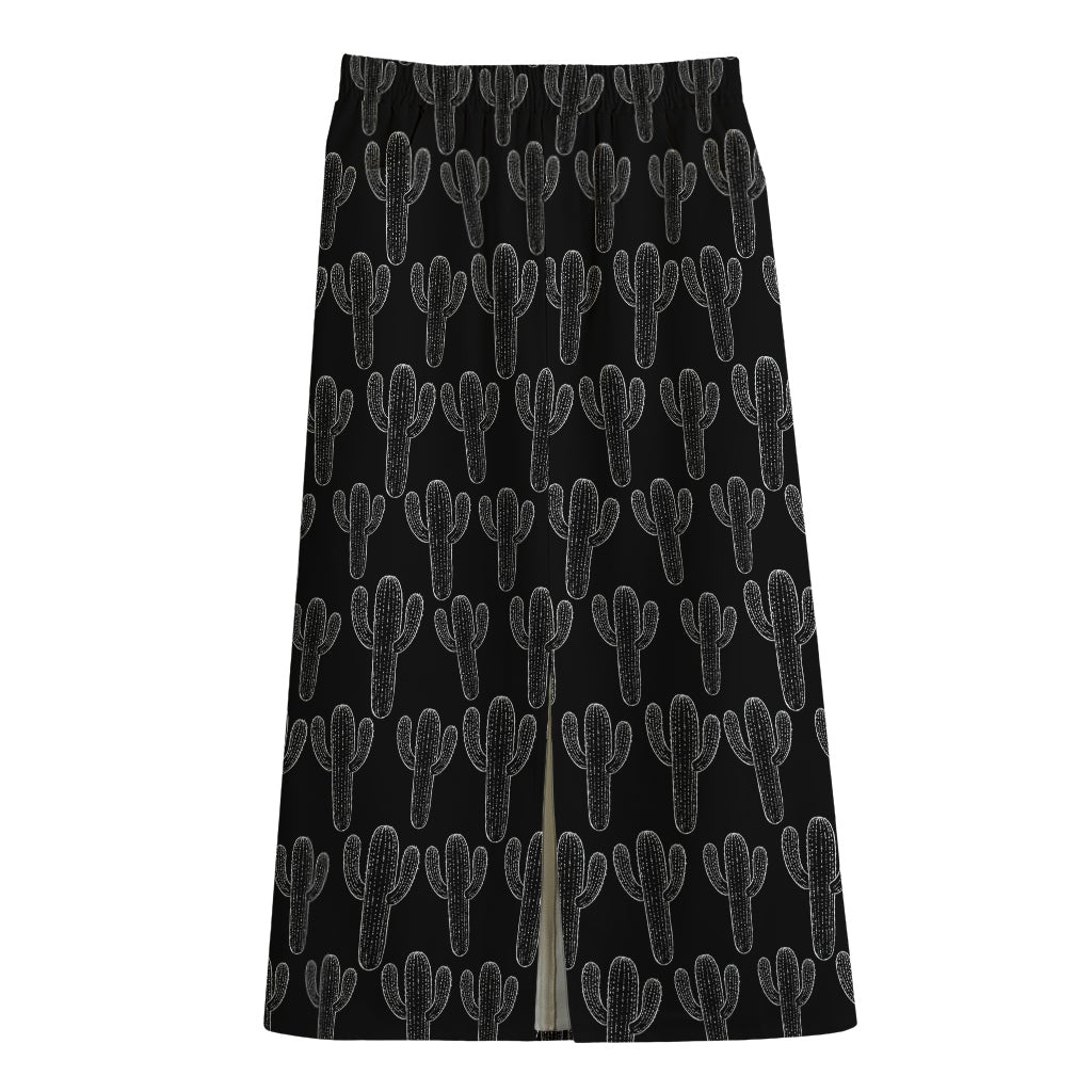 Black And White Cactus Pattern Print Cotton Front Slit Maxi Skirt