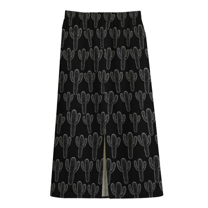 Black And White Cactus Pattern Print Cotton Front Slit Maxi Skirt