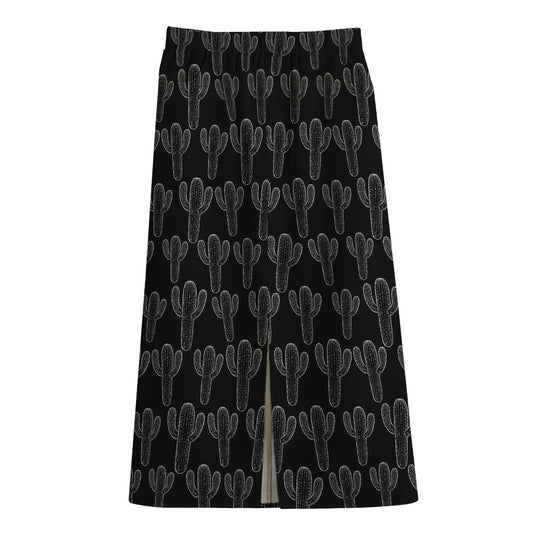Black And White Cactus Pattern Print Cotton Front Slit Maxi Skirt