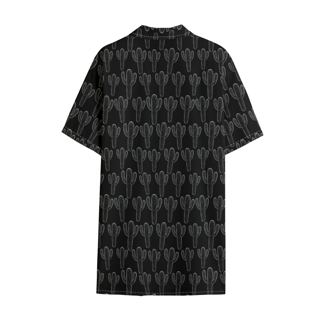 Black And White Cactus Pattern Print Cotton Hawaiian Shirt