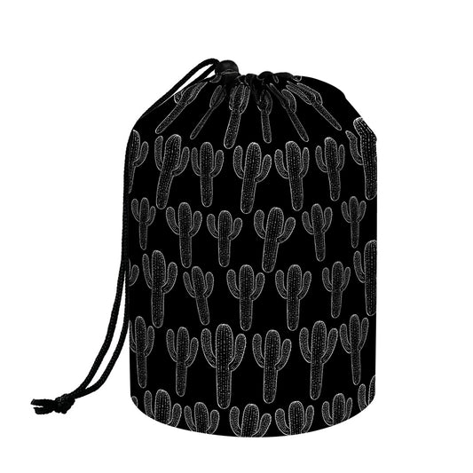 Black And White Cactus Pattern Print Drawstring Makeup Bag