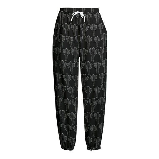 Black And White Cactus Pattern Print Fleece Lined Knit Pants