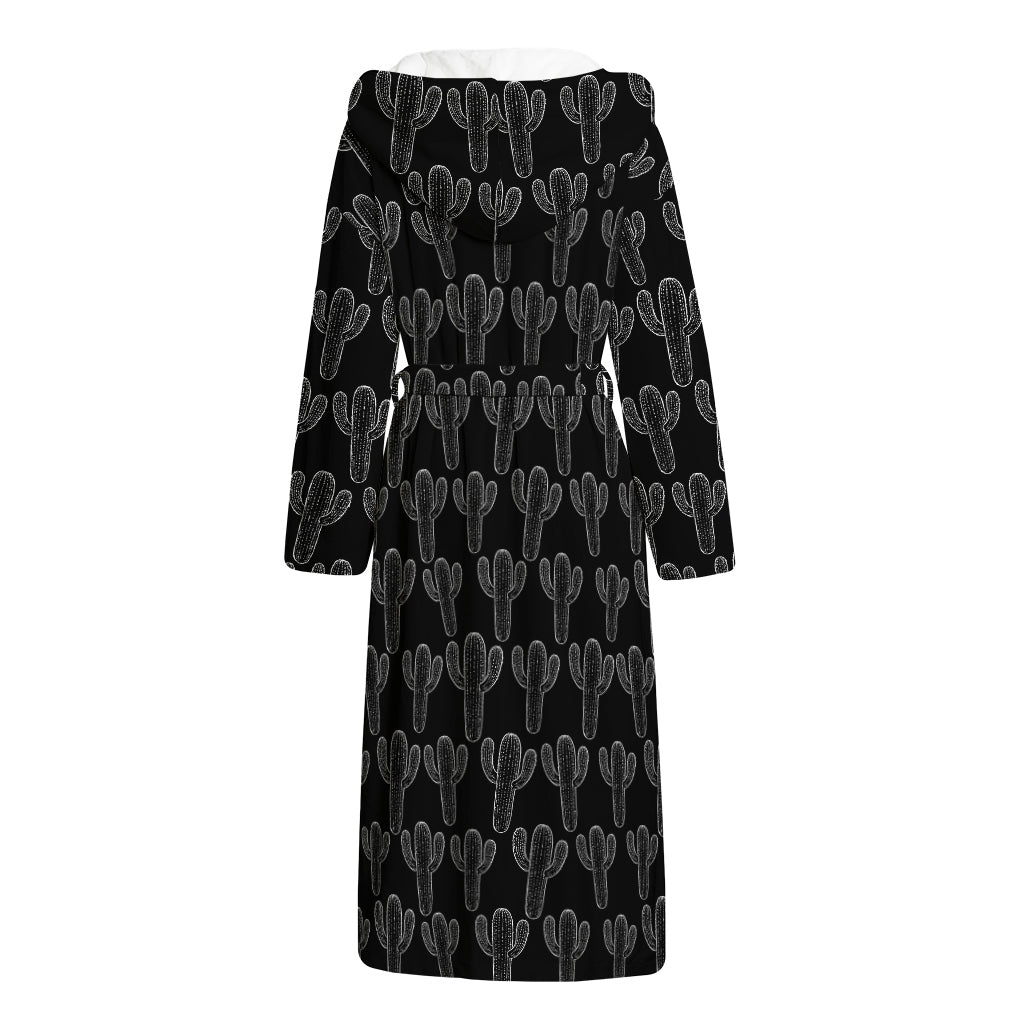 Black And White Cactus Pattern Print Hooded Bathrobe