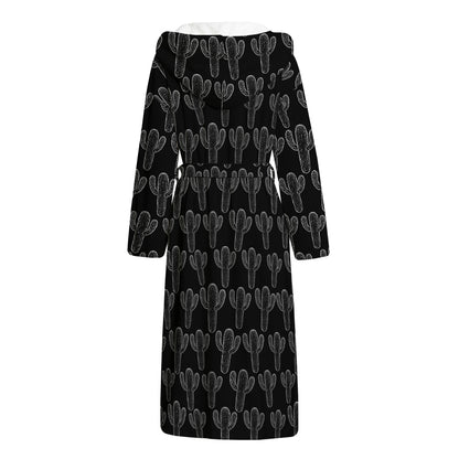 Black And White Cactus Pattern Print Hooded Bathrobe