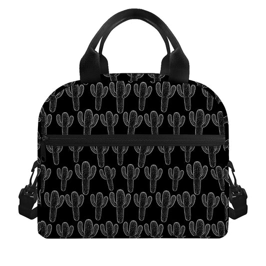 Black And White Cactus Pattern Print Insulated Lunch Bag