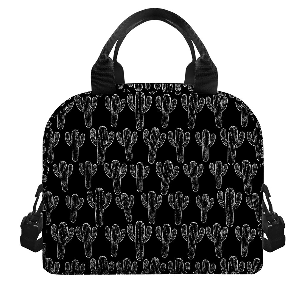 Black And White Cactus Pattern Print Insulated Lunch Bag