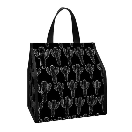 Black And White Cactus Pattern Print Insulated Lunch Tote