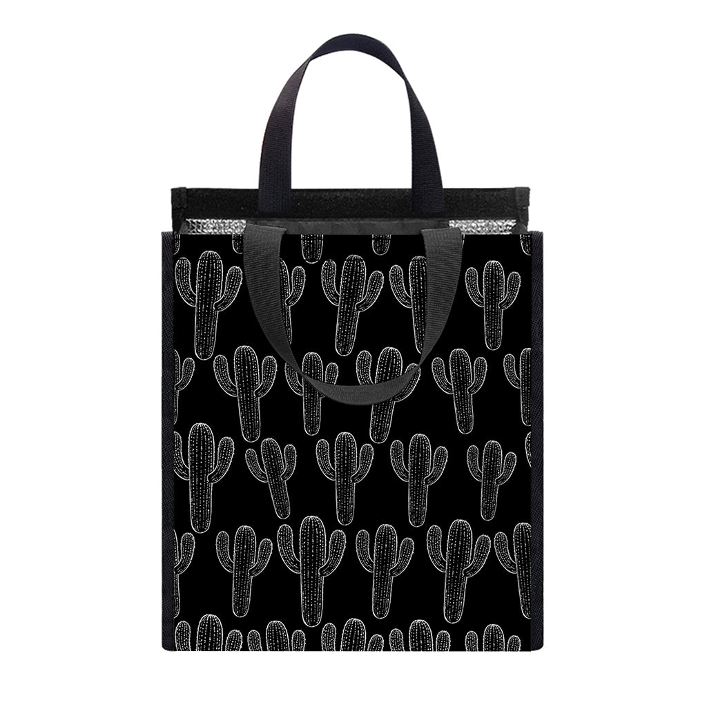 Black And White Cactus Pattern Print Insulated Lunch Tote