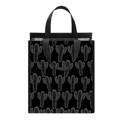 Black And White Cactus Pattern Print Insulated Lunch Tote
