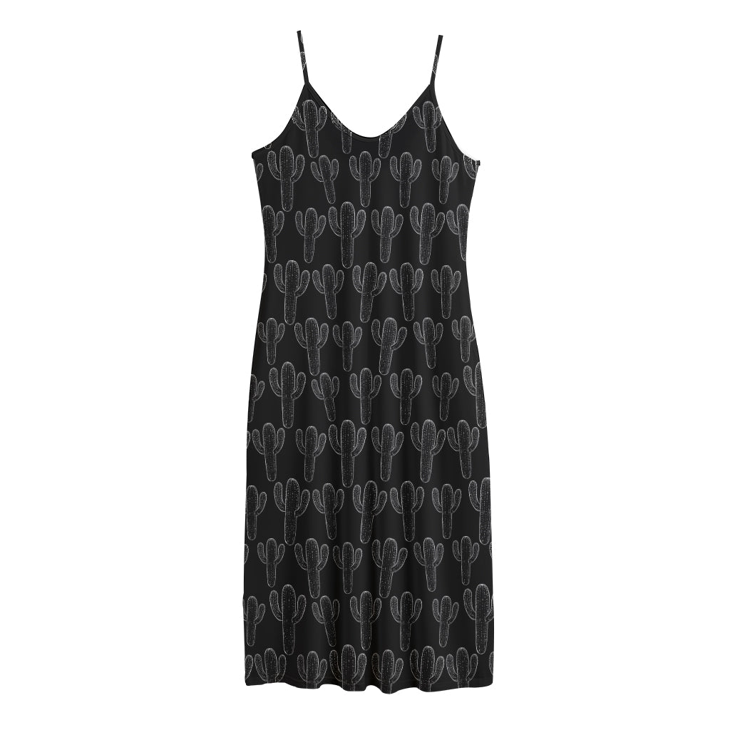 Black And White Cactus Pattern Print Jersey Midi Cami Dress