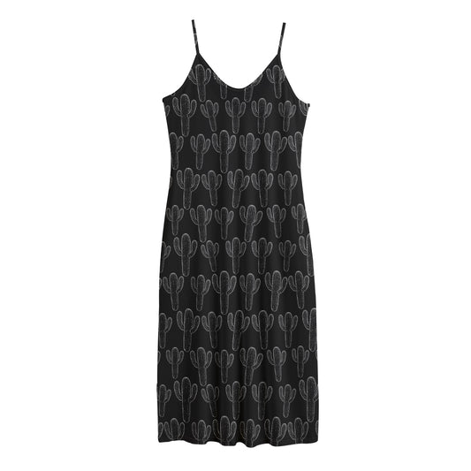 Black And White Cactus Pattern Print Jersey Midi Cami Dress