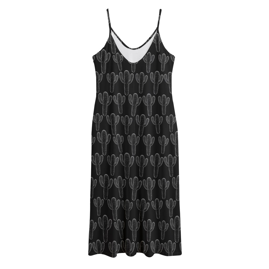 Black And White Cactus Pattern Print Jersey Midi Cami Dress