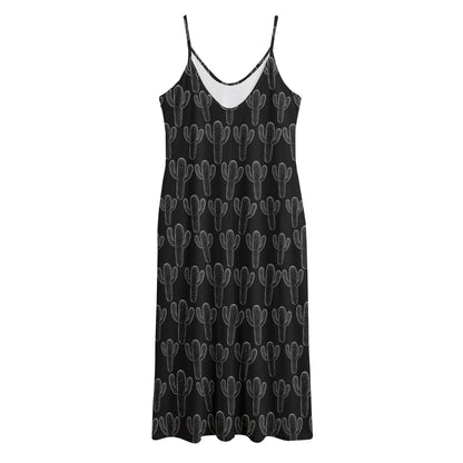 Black And White Cactus Pattern Print Jersey Midi Cami Dress
