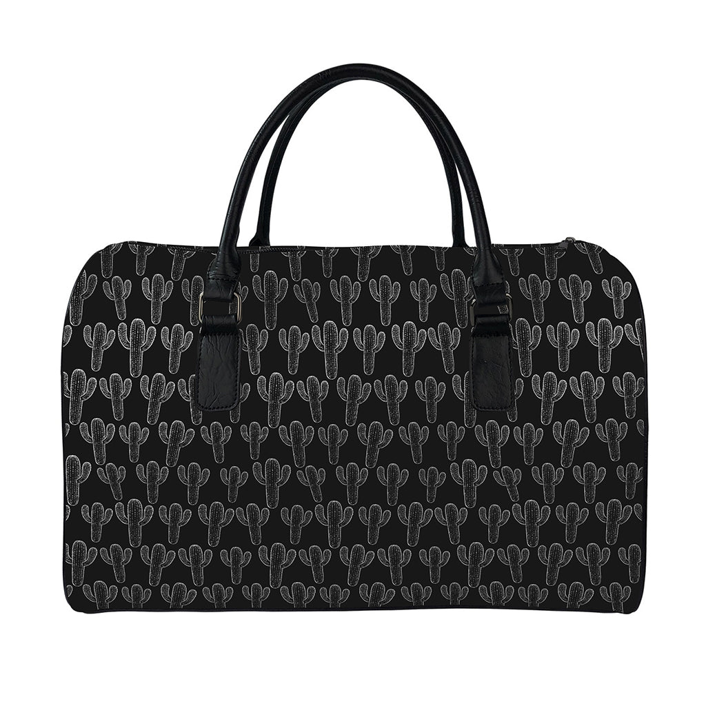 Black And White Cactus Pattern Print Leather Duffle Bag