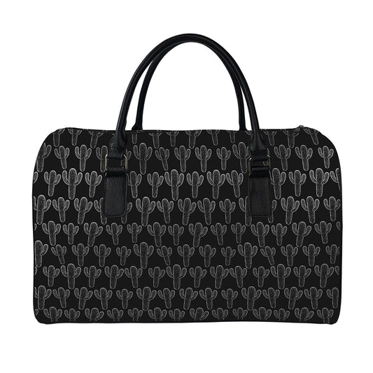Black And White Cactus Pattern Print Leather Duffle Bag